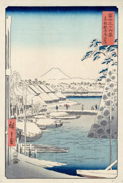Margem do rio em Sukiya em Edo (Tto Sukiya-gashi), da série Trinta e seis vistas do Monte Fuji (Fuji ... de Utagawa Hiroshige